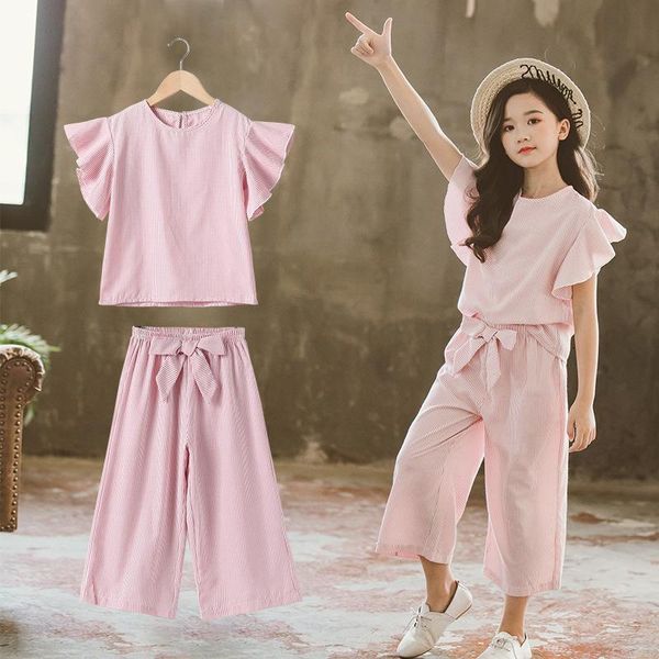 

children's suit, ruffle sleeve and wide-leg pants, korean style children's striped clothing, children's 2-piece set, White
