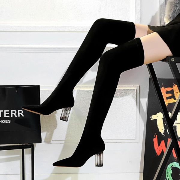 

boots 1718-13 fashion transparent crystal high heel pointed suede slim knee, Black