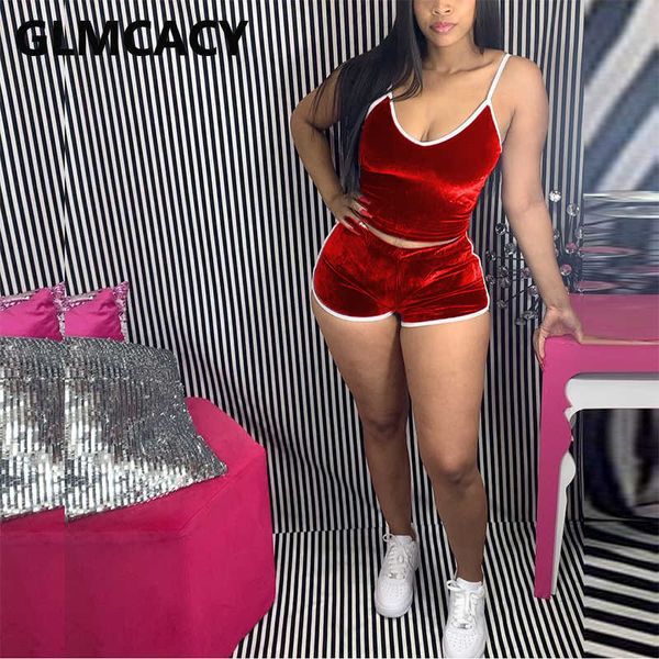 

two pieces sets women velvet spaghetti strap sleeveless & bodycon shorts 210702, White