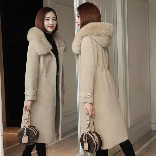 

winter real fur coat women collar hooded long sheep shearing 100% wool jacket korean style manteau femme kj3437 women's & faux, Black