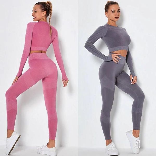 

women seamless yoga wear sports suit workout fitness long sleeve crop high waist leggings set sportswear outfit