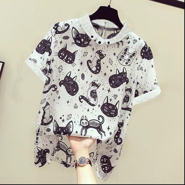 

women cartoon womens shirt cat print blouses work office chiffon short sleeve leisure white blouse casual blusas femininas