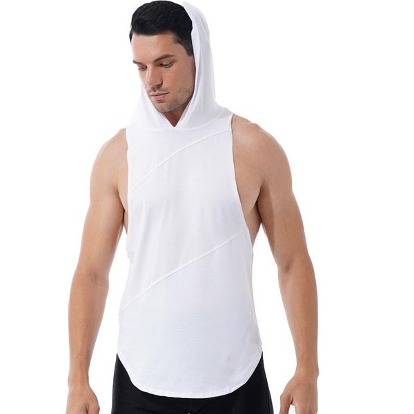 

bras sets men solid color streetwear breathable hooded tank patchwork sleeveless hoodie sportswear gym workout fitness vest, Red;black
