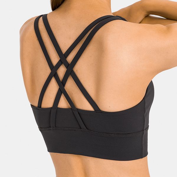 

lu-00 buttery-soft sports bra classic yoga bra skin-friendly women brassiere fashion cross strap tank lady underwear fitness vest with remo
