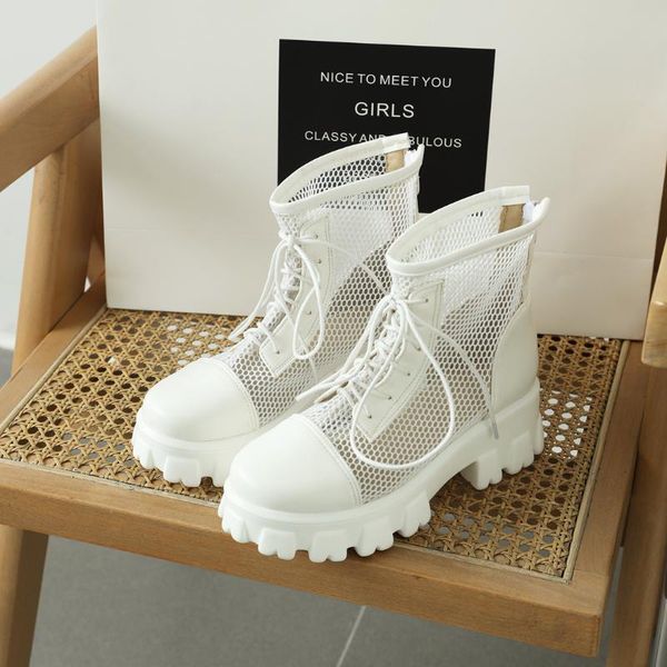 

boots hollow out mesh summer platform ankle for women breathable zipper lace up casual shoes woman low heels short booties white, Black