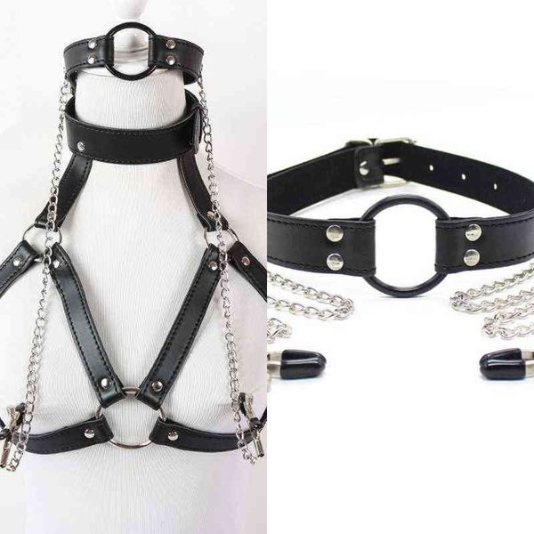 NXY Bondage Brinquedos sexuais para Casais Sexy Leather Leather Lingerie Beha Beha Topo e Boca Gag com fitas Femininas Harnas Fetish Restraint Suit 1211