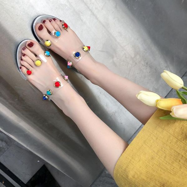 

slippers 2021 summer color rivets fashion women outdoor transparent rhinestone thick heel ladies high heels, Black