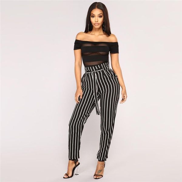 

women's pants & capris women high waist drawstring striped harem casual chffion ol lady ankle -length trouser clothing pencil, Black;white