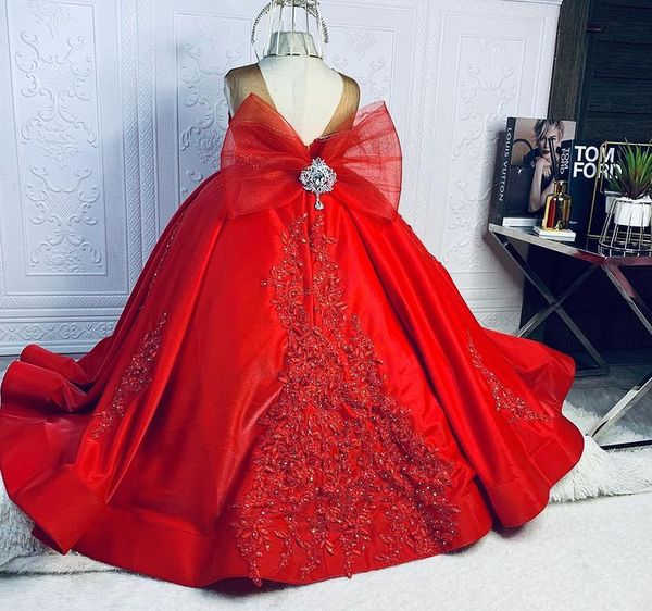 2021 vermelho luxuoso tutu flor menina vestidos de renda frisado vestido de baile sheer pescoço tule lilttle crianças aniversário pageant vestidos de casamento zj189t