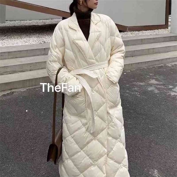 

long winter coat rhombus pattern casual sashes women parkas pockets tailored collar puffer jacket cotton-padded outwear 210517, Black