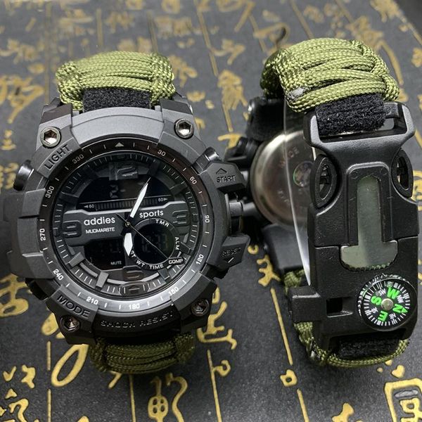 

wristwatches addies men military sports digital watches compass outdoor survival multi-function waterproof men's watch relogio masculin, Slivery;brown