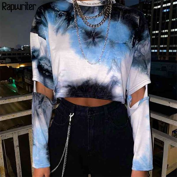 

casual tie dye o-neck long sleeve harajuku oversized crop sweatshirt women korean hollow out pullover clothes 210510, Black