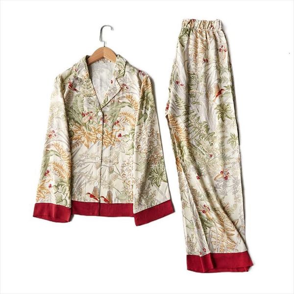 

grass printing home suit womens sleepwears spring and summer loungewear pants pajamas set long sleeve trousers pj sets, Black;red
