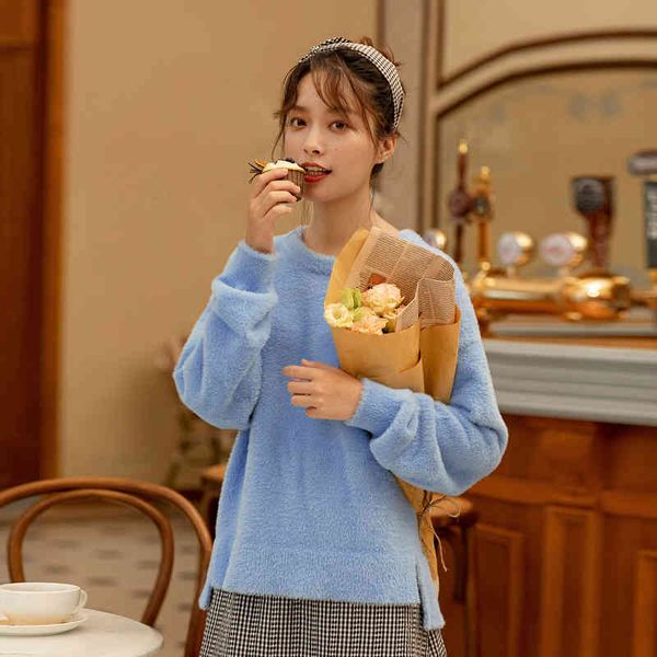 

sweater women's sweater solid round neck drop shoulder sleeve hem slit plush knitted pullover p66q, White;black