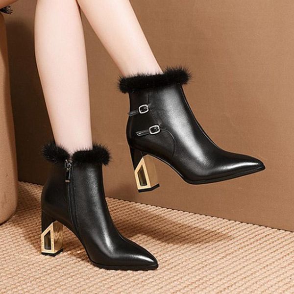 

boots plus size 2021 winter women high heels ankle pointed toe dress shoes black booties faux fur ladies botas mujer 8817n