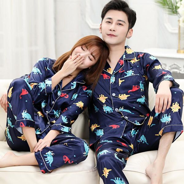 

couple sleepwear silk satin pajamas set long sleeve pants suit women men sleep 2pc loungewear, Black;brown