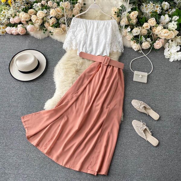 

singrain summer slash neck lace women tracksuits ruffles short split high waist long skirt two set french sweet, Gray