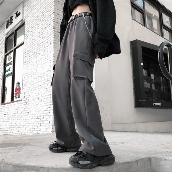 

2021 new ulzzang women's wide leg overalls, casual pleated high waist, multi-functional straight pants, spring and autumn series kply, Black;white