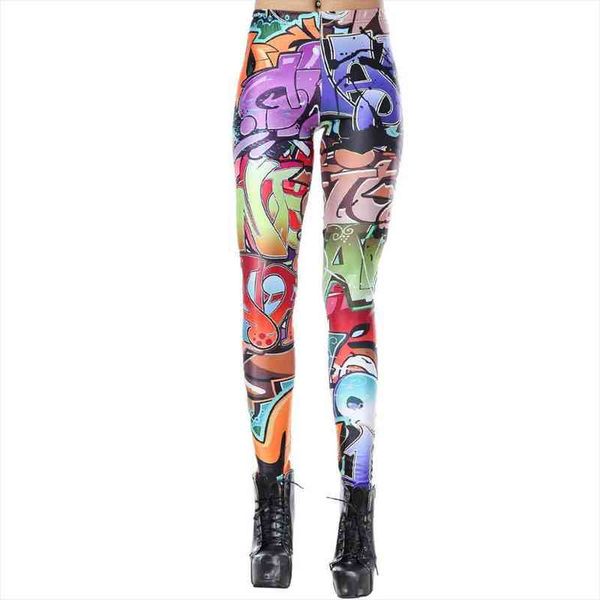 

fashion cartoon graffiti spray digital printed slim leggings mid-waist petites 1183, Black