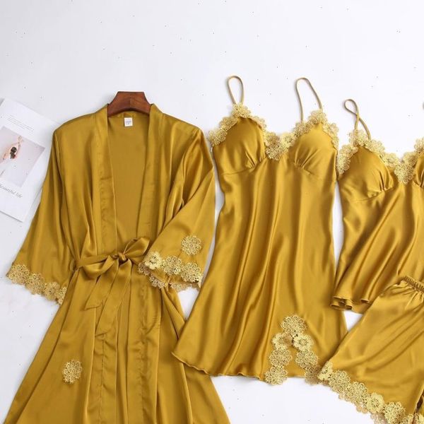 

spring summer silk pajamas sets women sleepwear 4 pieces spaghetti strap satin pyjamas with chest pads pijama, Black;red