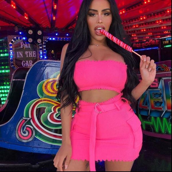 

two piece outfits summer women tracksuits set off shoulder crop and mini skirt club party elegant pink matching, Gray