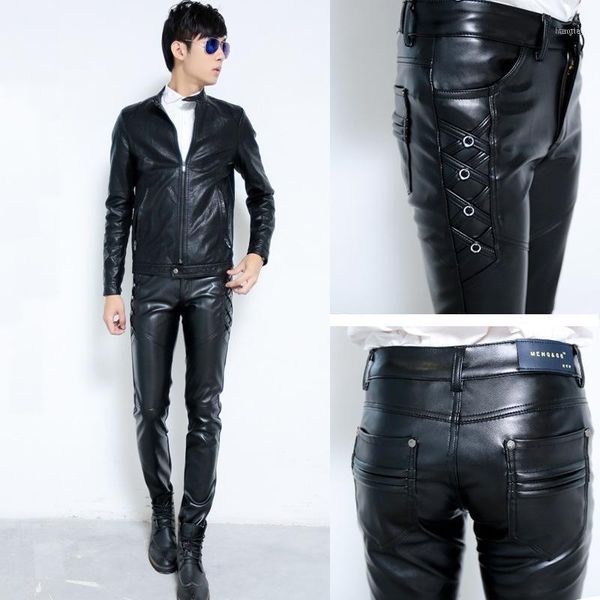 

men's pants men's wholesale- male motorcycle biker ridding pu trousers black faux leather for fashion slim fit pencil pant1