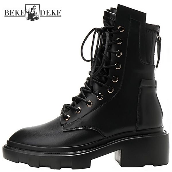 

boots women chunky heels short autumn winter lace up motorcycle female british increase thick bottom genuine leather shoes, Black