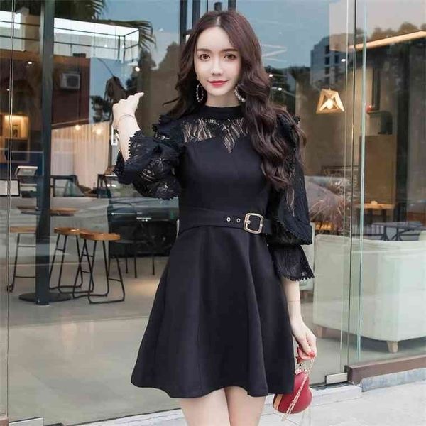 

spring women korean office ladies elegant ruffles a-line long sleeve lace dress vestidos female, Black;gray