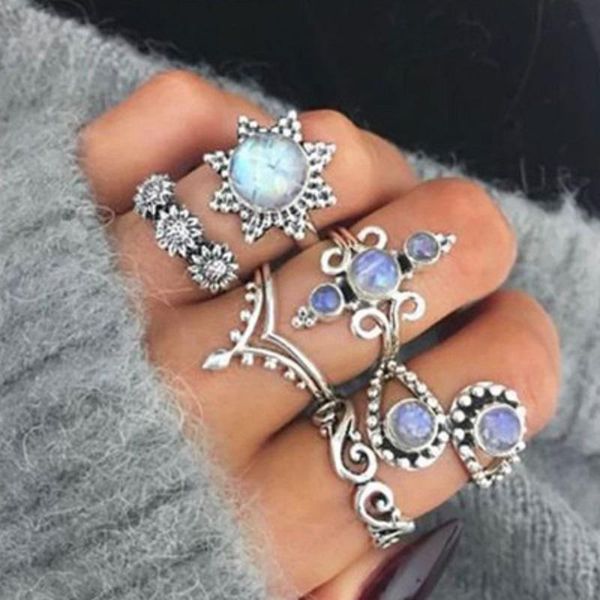 

wedding rings 6pcs/set bohemia antique silver flower blue stone arrow leaf carved sets rhinestone knuckle for women men jewelry, Slivery;golden