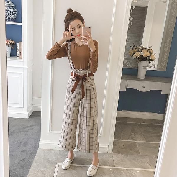 

two piece dress 2021 spring autumn casual set long sleeve solid basic t-shirt + high waist plaid bow tie up wide leg pants sets, White