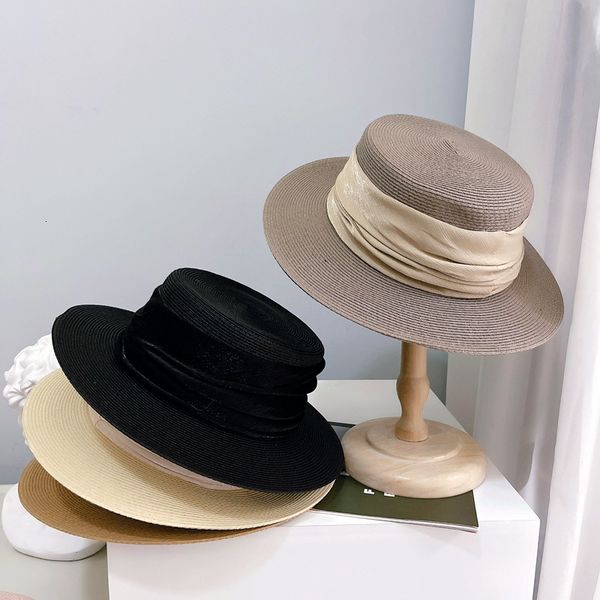 

big hat stiff flat straw children's summer sun protection linen ribbon simple luxury basin, Blue;gray