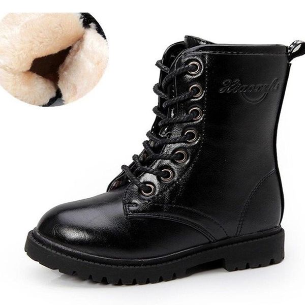 

children plus velvet lace up boots for big girls fashion pu leather waterproof motorcycle long boots 6 7 8 9 12 13 14 years old, Black;grey
