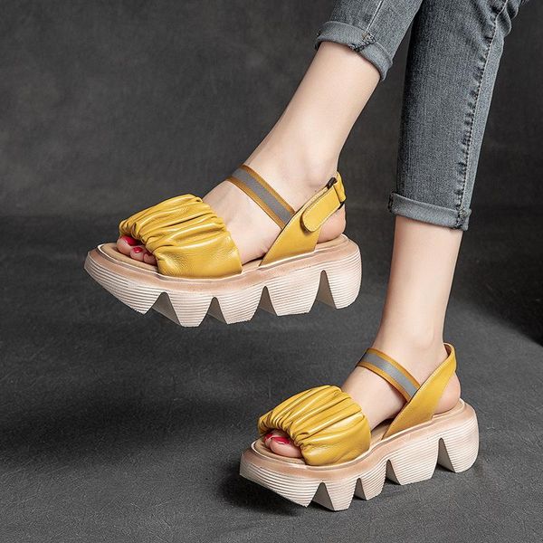 

sandals 100% genuine leather summer for women ladies comfortable wedges platform open toe shoes 2021 luxury, Black