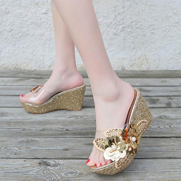 

transparent sandals for woman summer rhinestone crystal slides flower beach mules ladies platform wedges sandalias, Black
