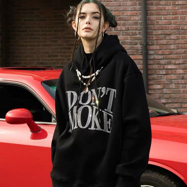 

women's hoodies & sweatshirts sweaty coat with hoodie fall model printed loose rhinestones hood women's letters nre5, Black