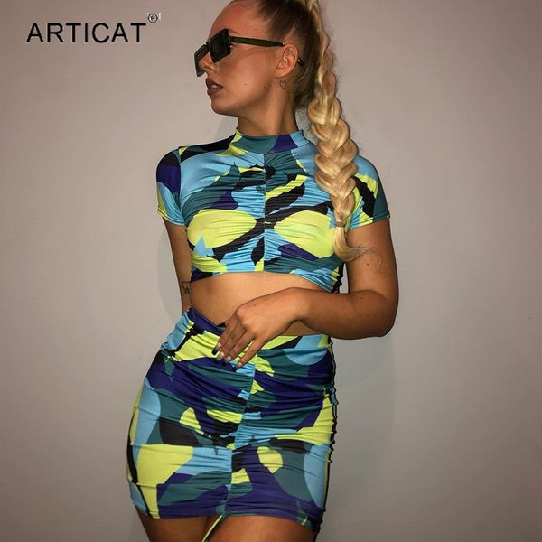 

tie dye dstring two piece dress sets for women short sleeve ruched crop summer mini beach skirt ouifits 2021high quality, Black;gray