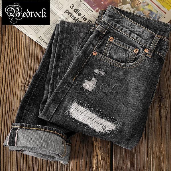 

men's jeans bedrock 11oz vintage washed denim for men 2021 spring summer thin distressed black hole slim pencil 7332, Blue