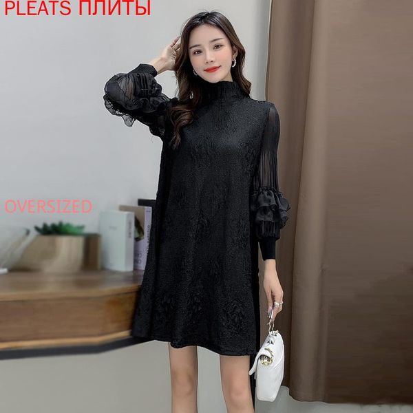 

casual dresses women's autumn and winter high collar temperament french lotus leaf sleeve embossed long dress miyake pleats vestido, Black;gray