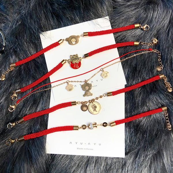 

link, chain simple cute animal year pig red line rope bracelet fashion all-match lucky beads titanium steel colorfast hand jewelry, Black