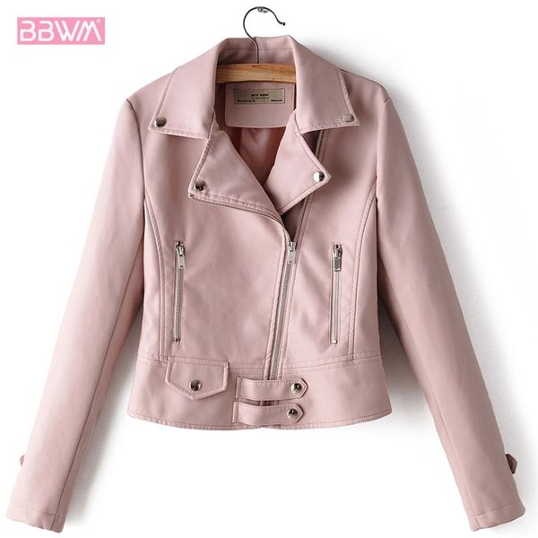 

pink pu long sleeve lapel zipper motorcycle women's jacket winter korean slim female jacket black red high street 210507