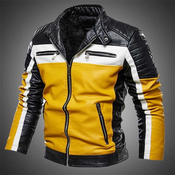 Мужчины желтая кожаная куртка пэчворк велосипед куртка мужчины повседневная молния пальто мужчины мотоцикл куртка тонкий подходящий меховой подкладкой