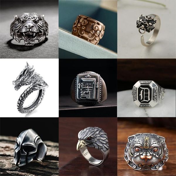 

Cluster Rings 925 Silver Spartan Helmet Without Inlay Exaggerated Domineering Retro Men's Opening Adjustable Ring