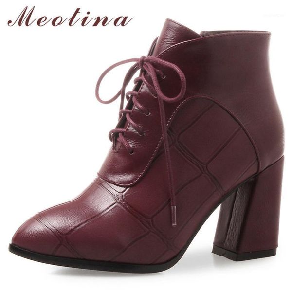 

boots meotina women shoes winter ankle zipper chunky heels short lace up super high heel female autumn big size 3-101, Black