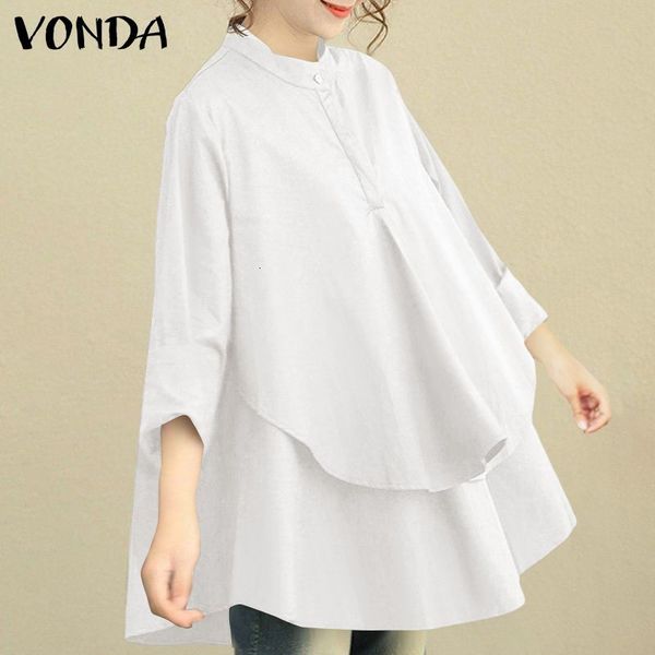 

blouses women office casual long sleeve vonda 2021 asymmetric hem pleated solid color shirts blusas femininas plus size, White