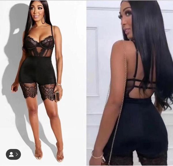 

women playsuits black brown lace v-neck spaghetti strap vestido celebrity party bandage jumpsuits women's & rompers, Black;white