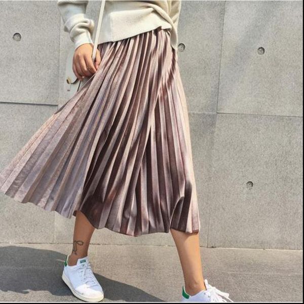 

spring summer midi long women skirts metallic silver maxi pleated high waist elascity casual party vintage, Black