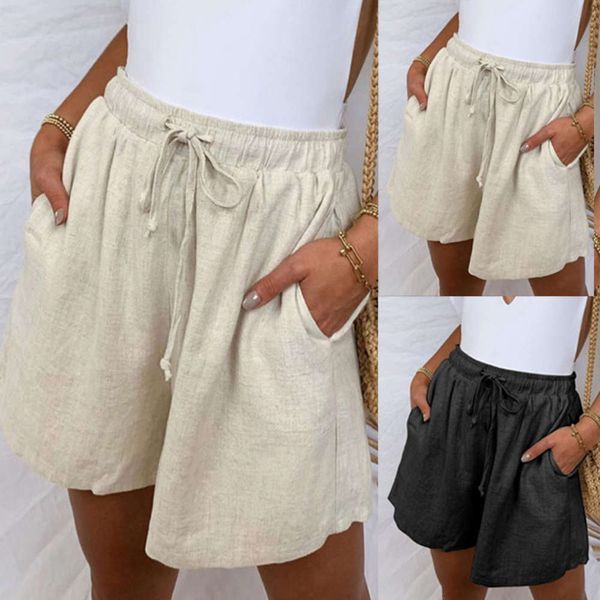 

summer cotton linen solid loose casual pocket elastic waist lace up shorts, Black;white