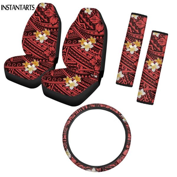

car seat covers instantarts dark polynesian flowers prints 5pcs/set soft steering wheel cover washable seatbelt shoulder pad