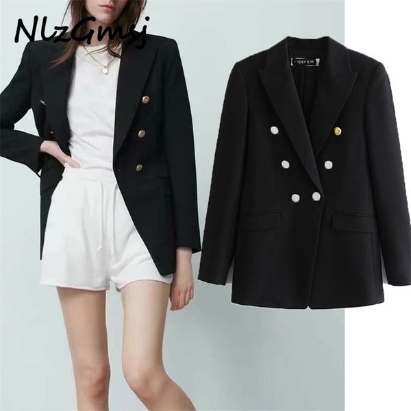 

blazer women fashion metal double breasted woollen blazers coat vintage long sleeve female outerwear chic 210628, White;black