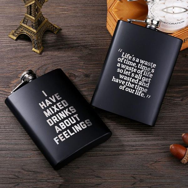 

8oz stainless steel hip flask english letter black personalize outdoor portable flagon whisky stoup wine pot alcohol bottle